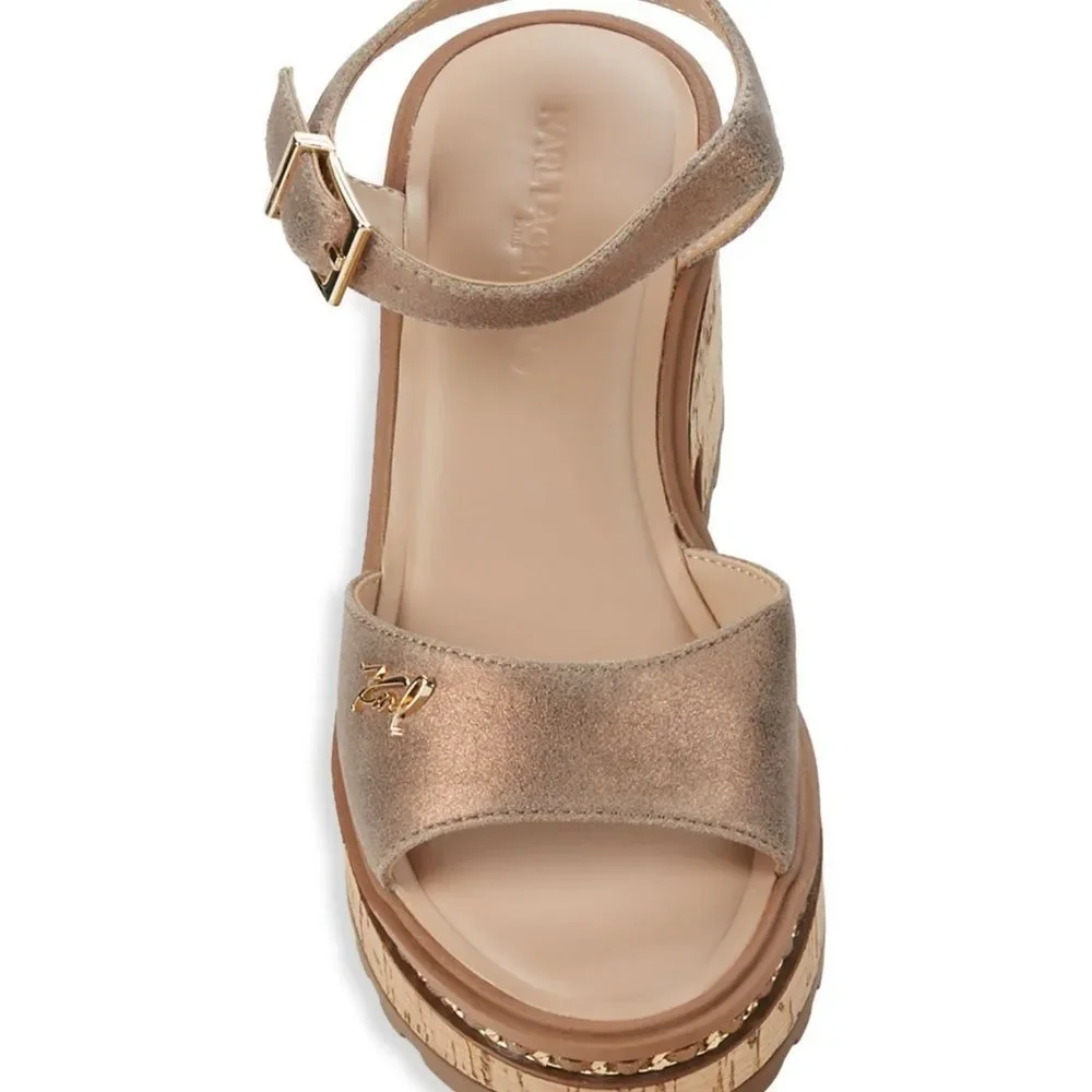Karl Lagerfeld Metallic Rose Gold Cork Platform Sandals